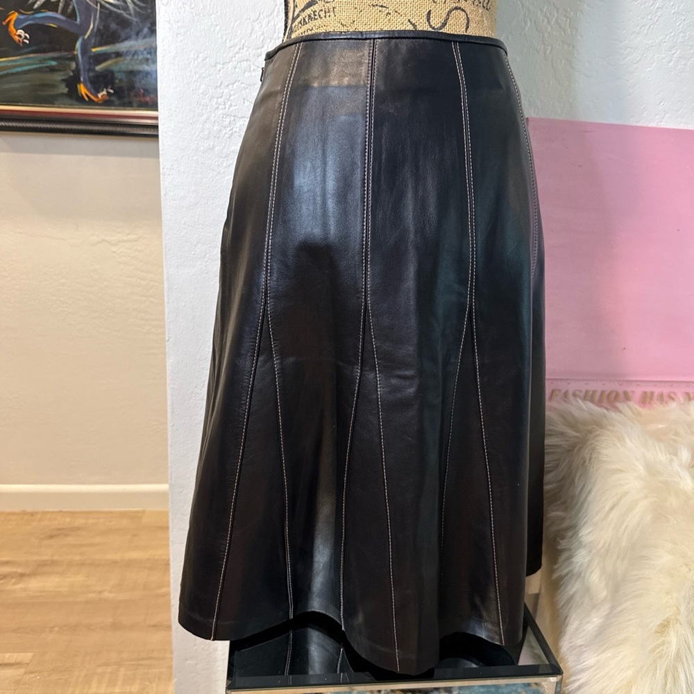 Vintage‎ Lillie Rubin 100% Black Leather A-Line Skirt Pink Stitching Size 8 90’s